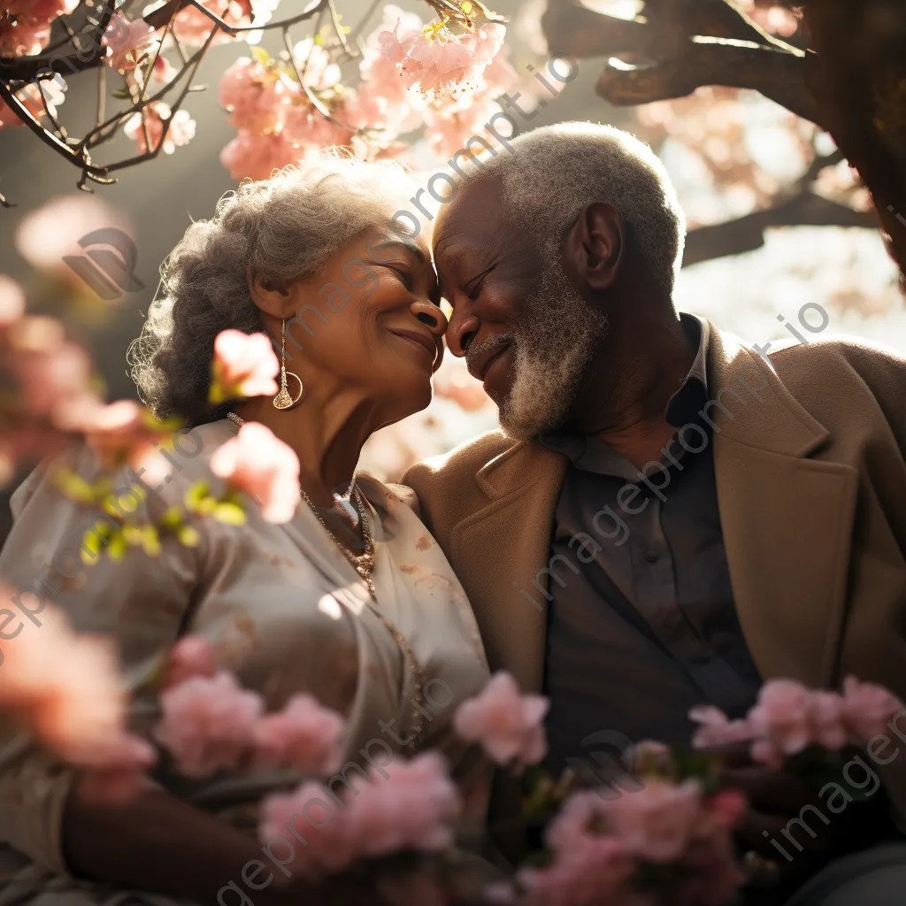 Elderly couple sitting under a flowering tree - Image 2