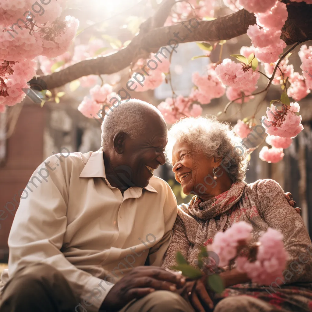 Elderly couple sitting under a flowering tree - Image 3