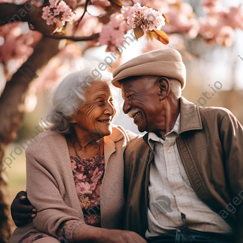 Elderly couple sitting under a flowering tree - Image 4