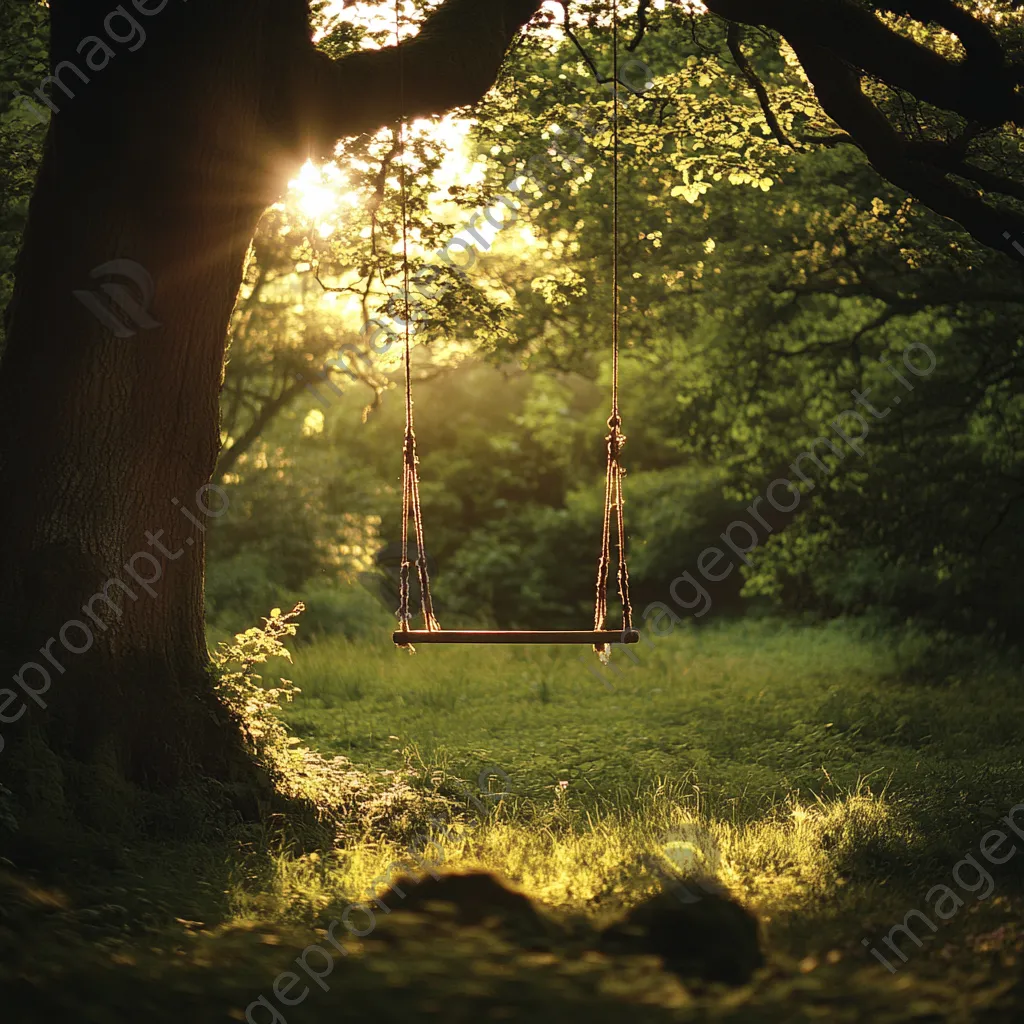 Woodland clearing with a swing illuminated by golden hour sunlight. - Image 1