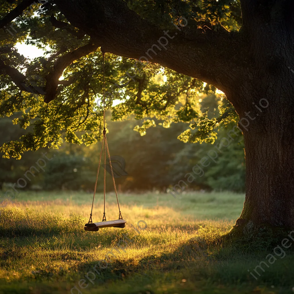 Woodland clearing with a swing illuminated by golden hour sunlight. - Image 2