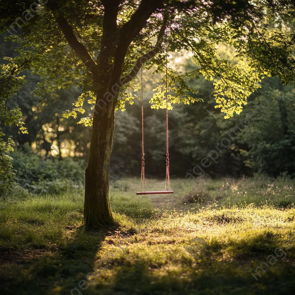 Woodland clearing with a swing illuminated by golden hour sunlight. - Image 4