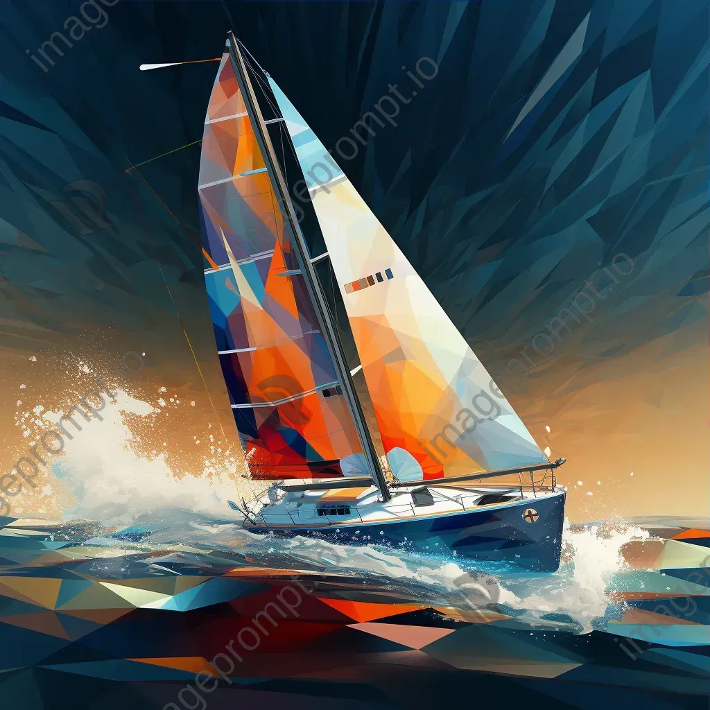 Racing yacht cutting through waves in angular low poly style - Image 3