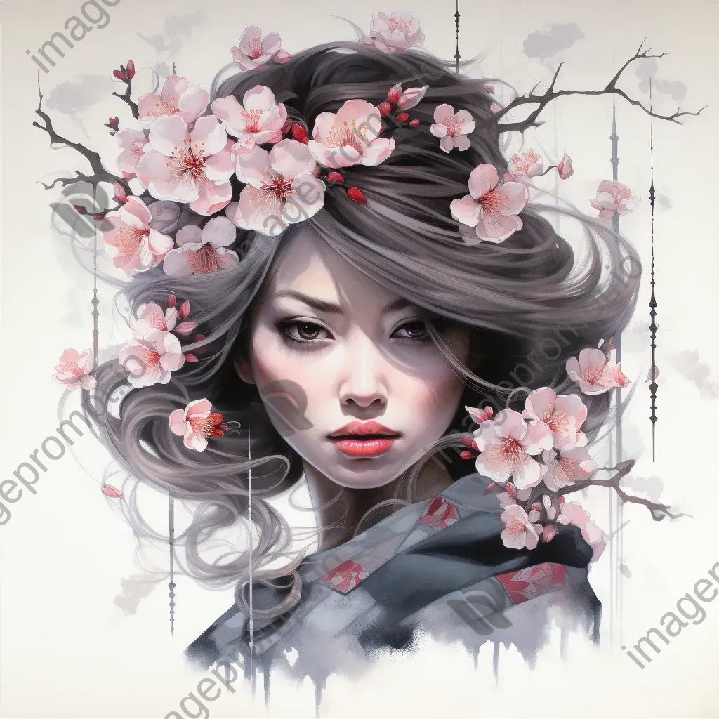 An enigmatic geisha adorned with cherry blossom tattoos in the traditional watercolor Japanese print style - Image 2