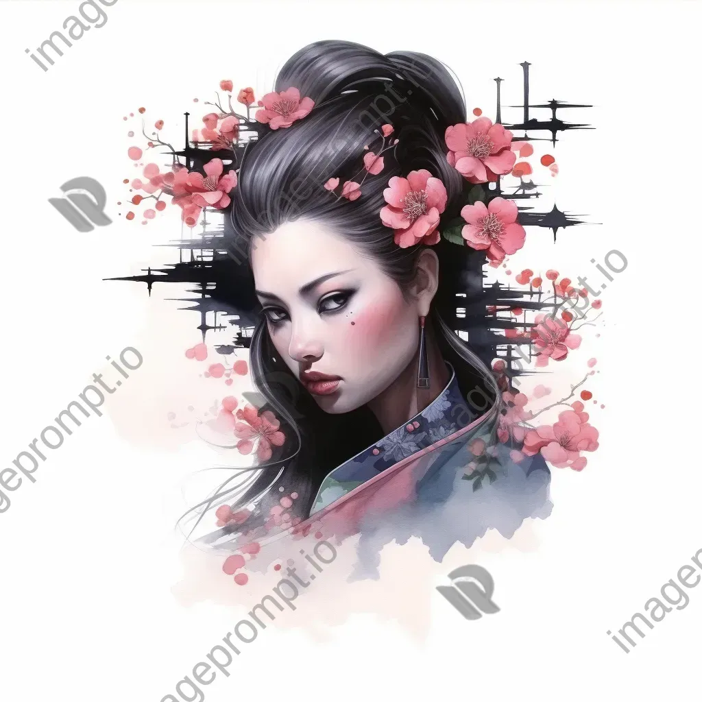 An enigmatic geisha adorned with cherry blossom tattoos in the traditional watercolor Japanese print style - Image 4