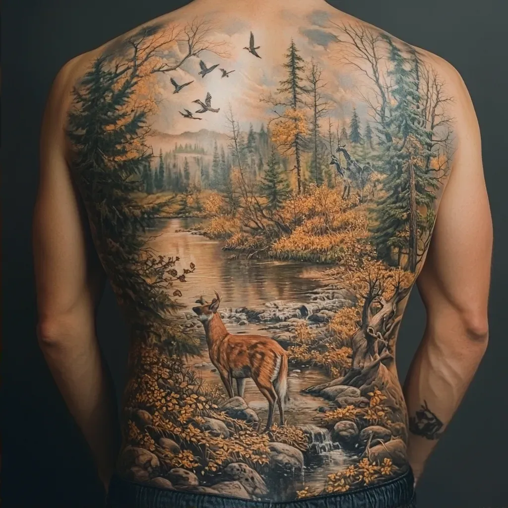 Hyperrealistic full back tattoo featuring nature scenes with woodland creatures - Image 2