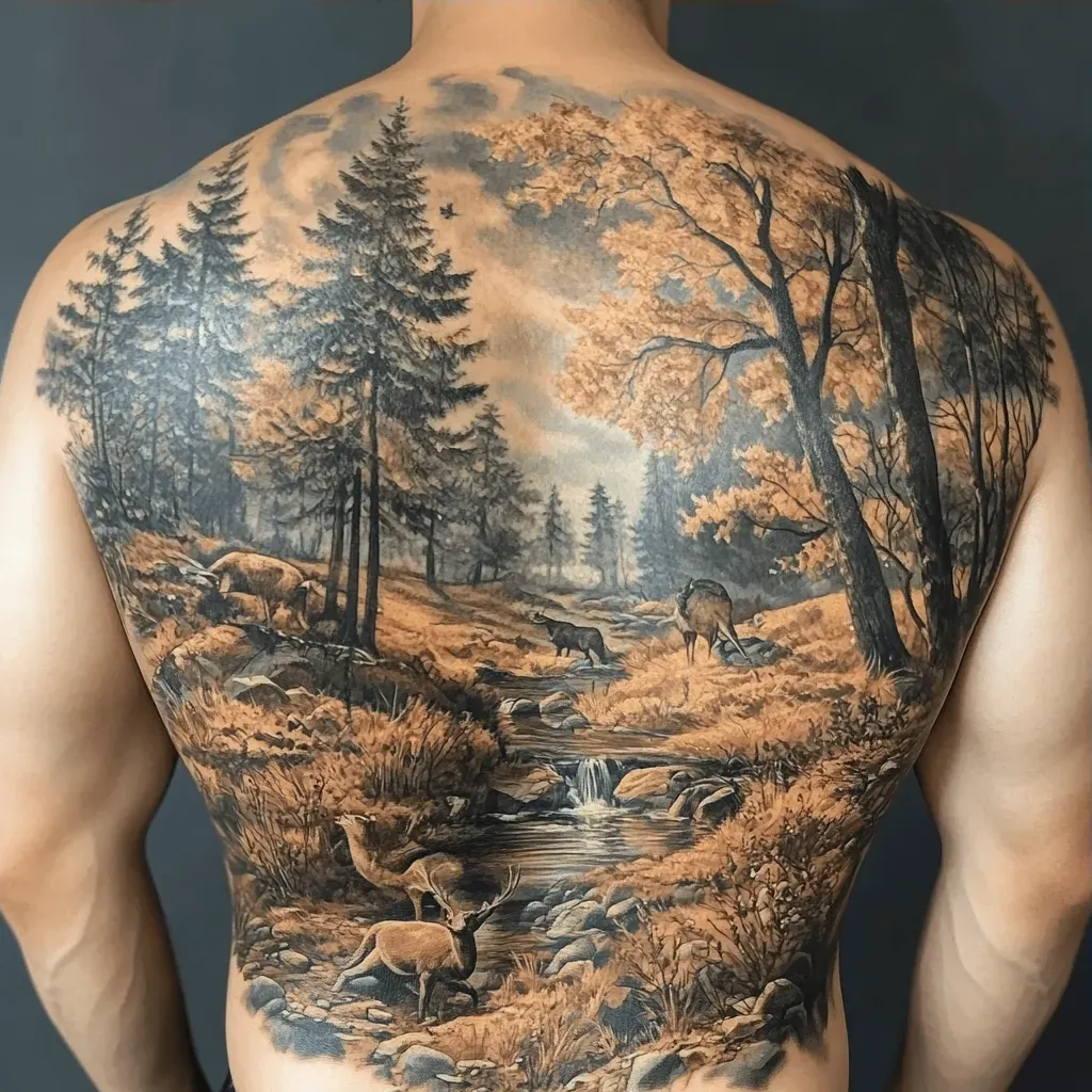 Hyperrealistic full back tattoo featuring nature scenes with woodland creatures - Image 3