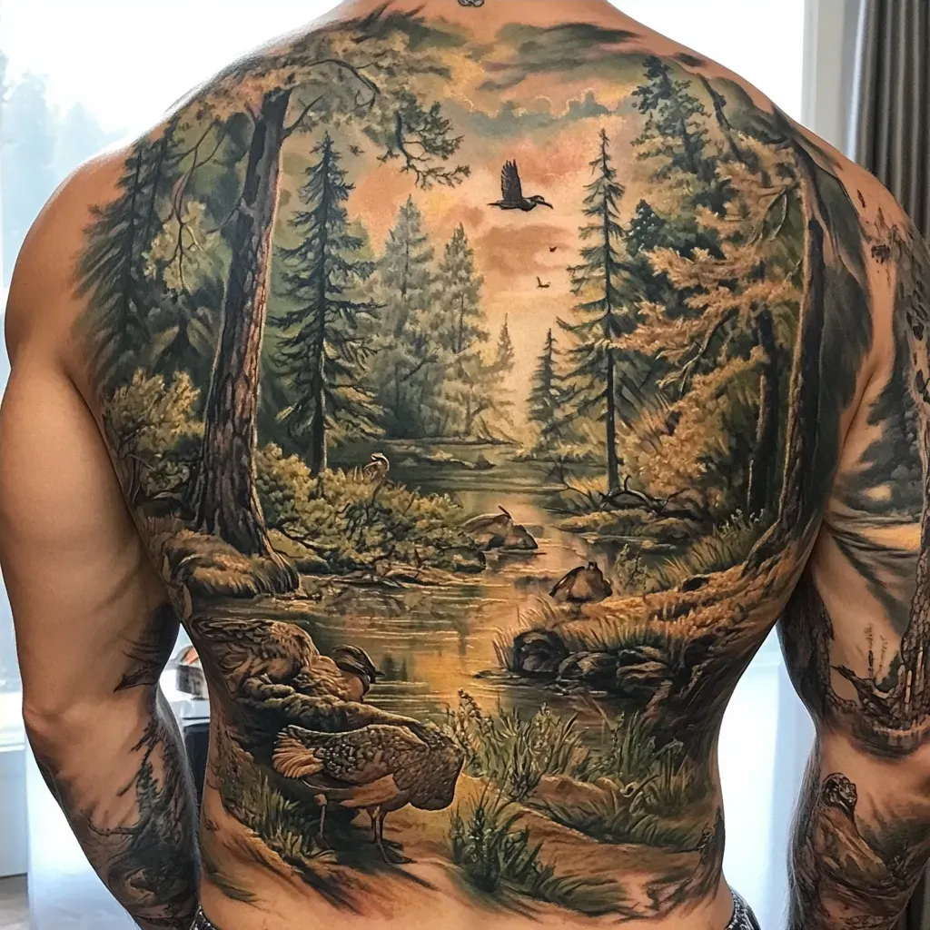 Hyperrealistic full back tattoo featuring nature scenes with woodland creatures - Image 4