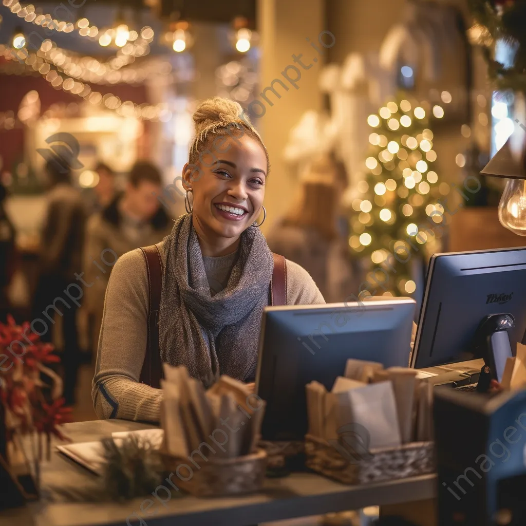 A cashier serving customers during the holiday shopping rush. - Image 2