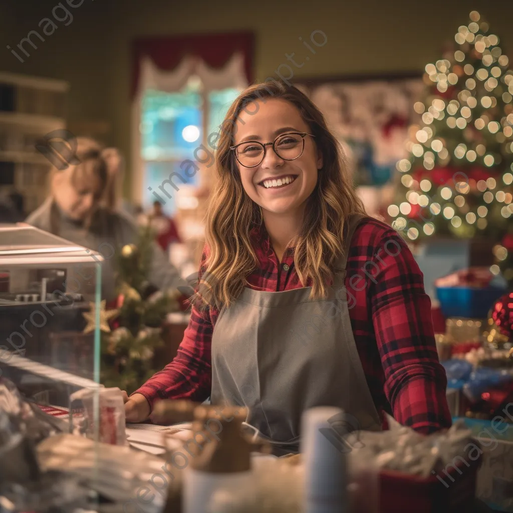 A cashier serving customers during the holiday shopping rush. - Image 3