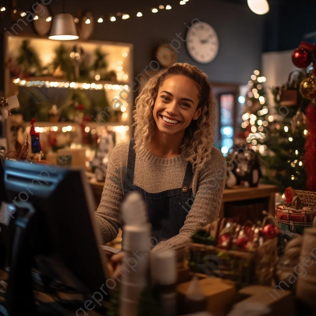 A cashier serving customers during the holiday shopping rush. - Image 4