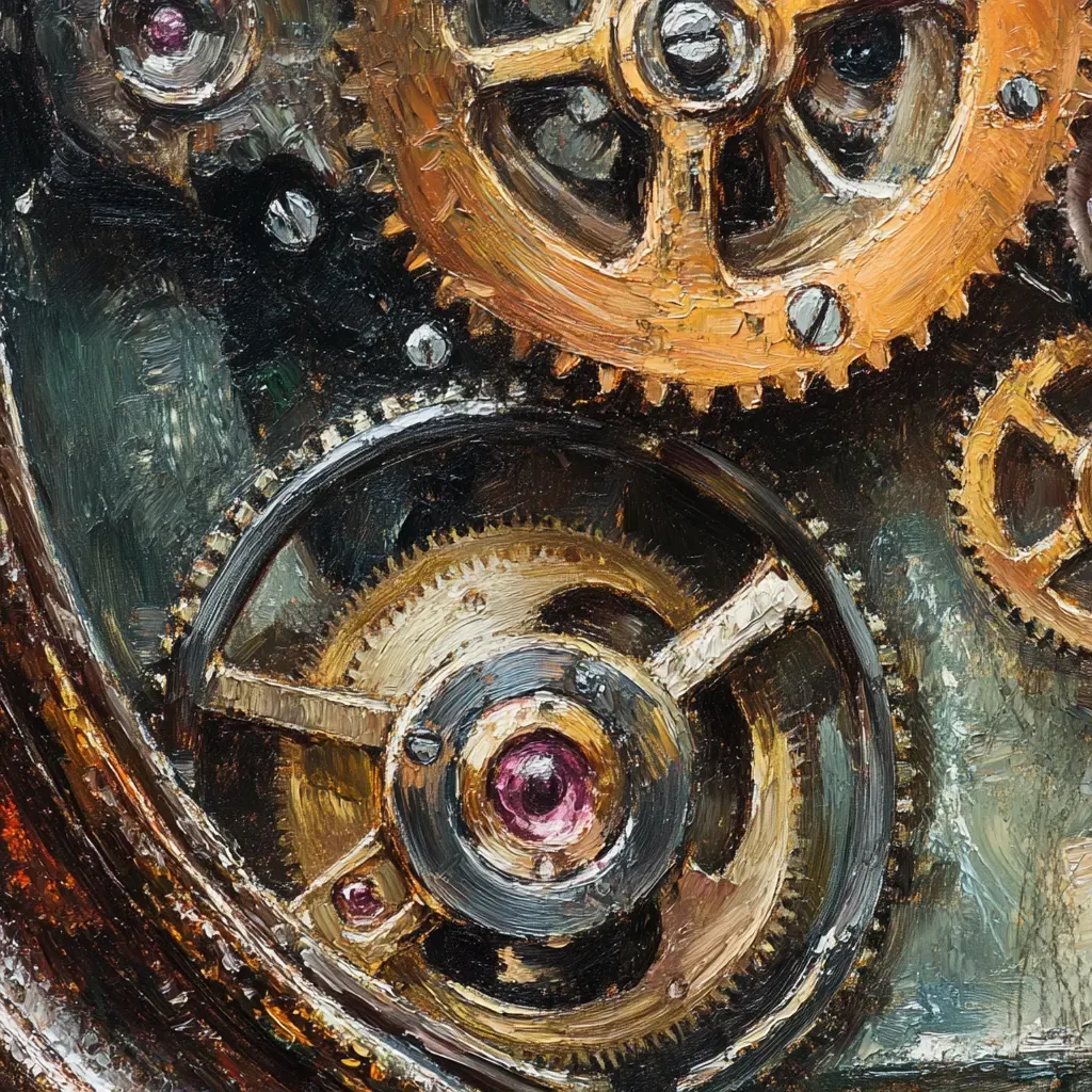 Close-up oil painting of a mechanical pocket watch and its working gears, reflecting Rembrandt