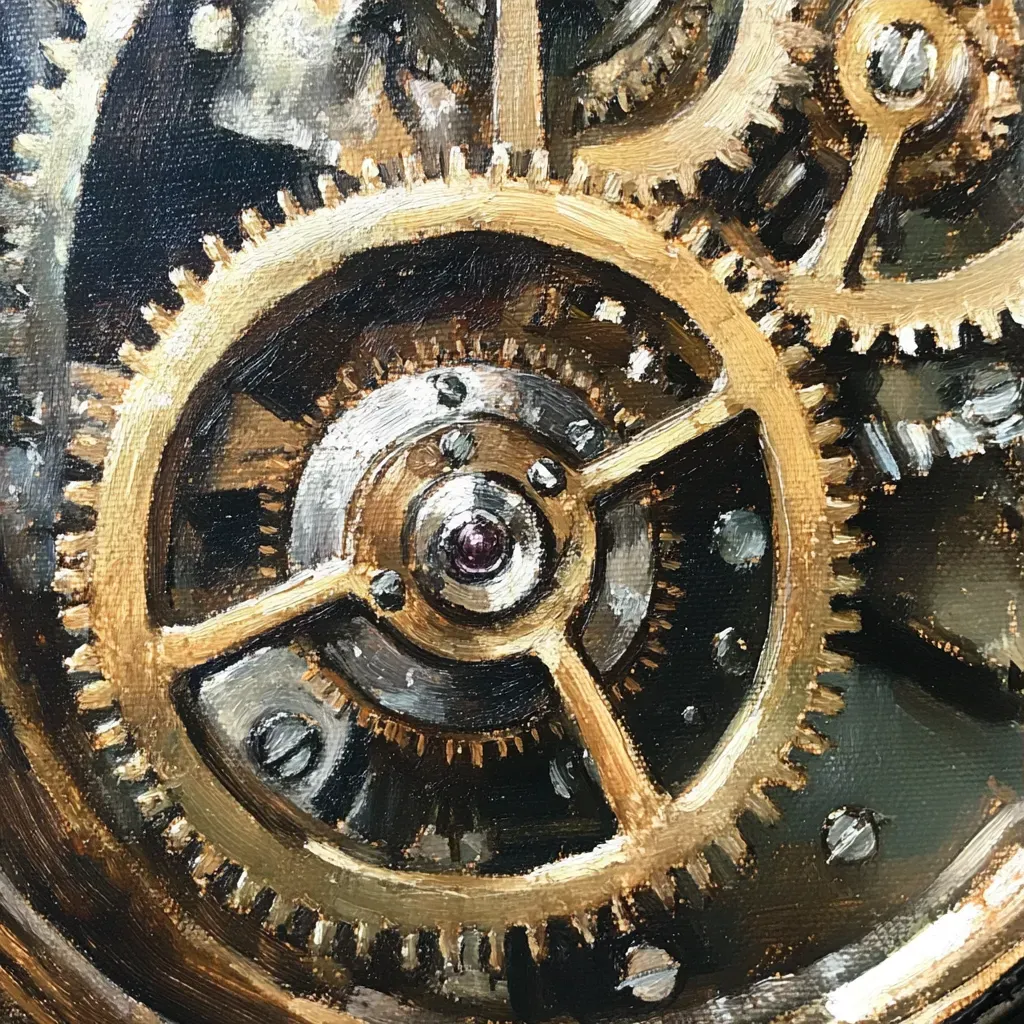 Close-up oil painting of a mechanical pocket watch and its working gears, reflecting Rembrandt