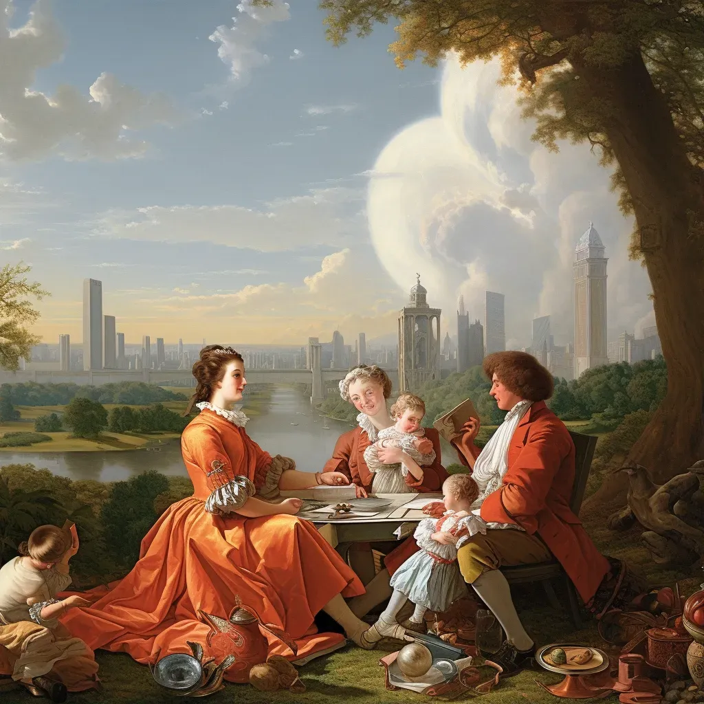 Image of a family picnic in a park with a futuristic city skyline - Image 1