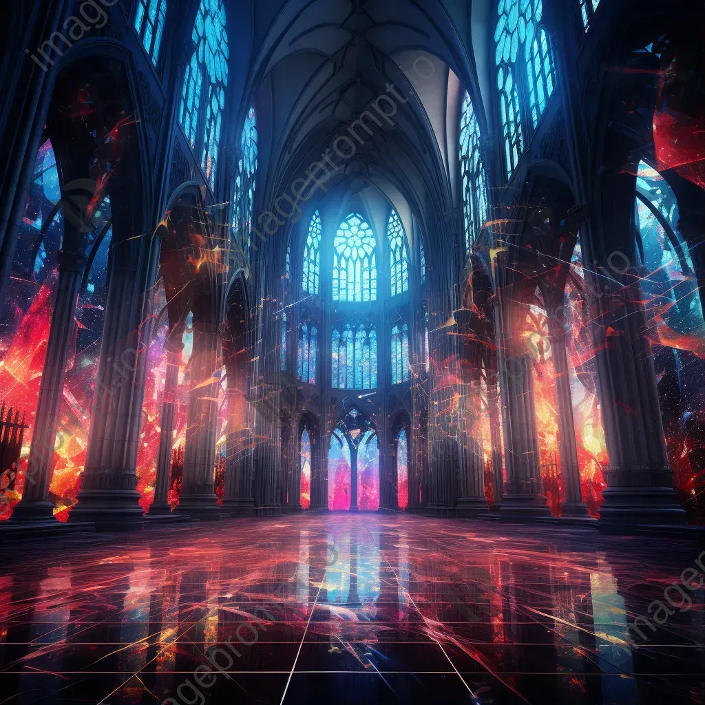 An artwork depicting a gothic cathedral in a cybernetic form with stained glass filtering binary code prayers - Image 1