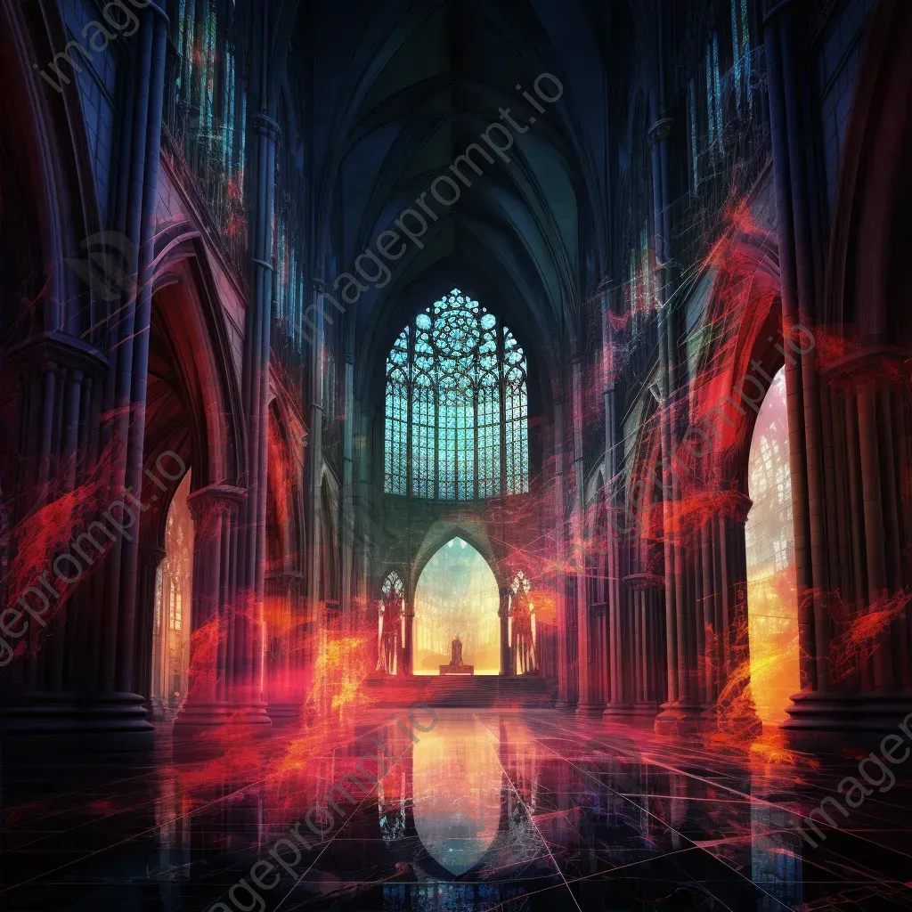 An artwork depicting a gothic cathedral in a cybernetic form with stained glass filtering binary code prayers - Image 2