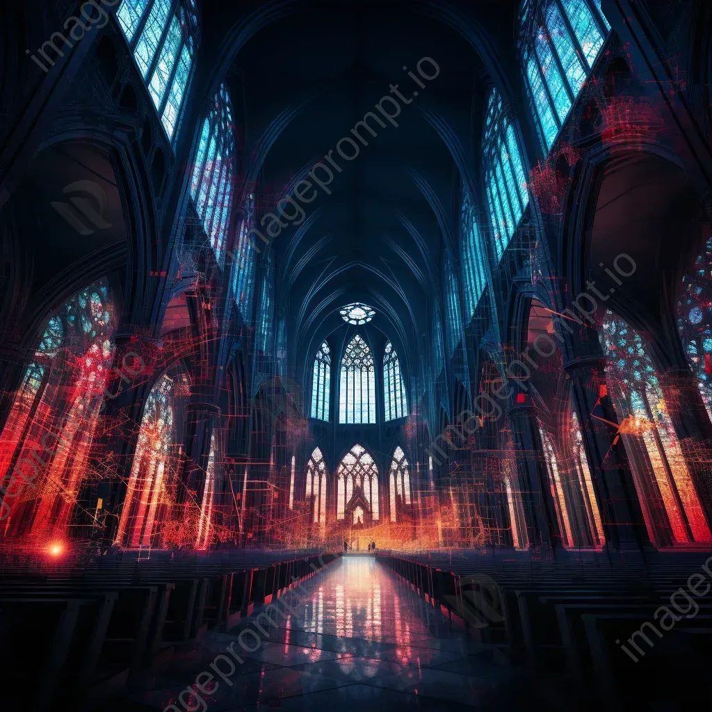 An artwork depicting a gothic cathedral in a cybernetic form with stained glass filtering binary code prayers - Image 3