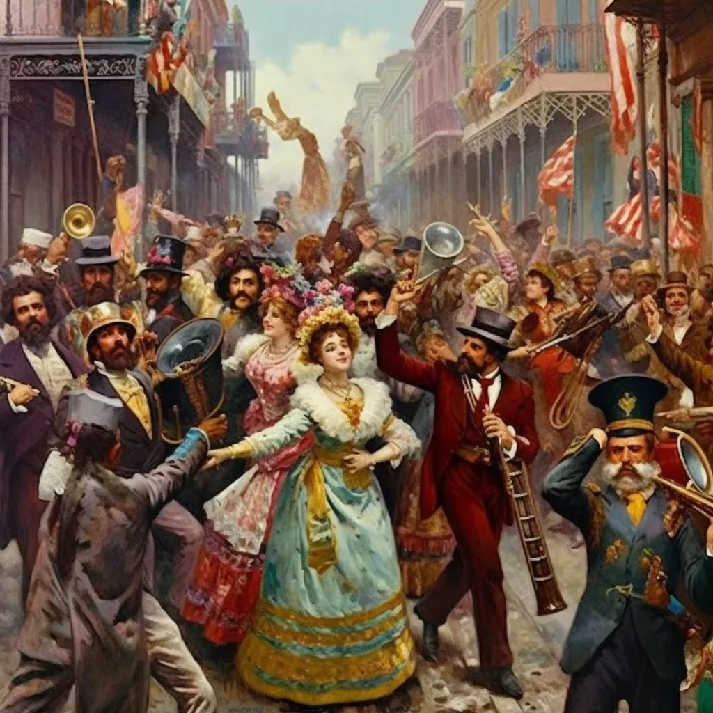 Image of a Mardi Gras parade with musicians, dancers, and colorful floats - Image 3