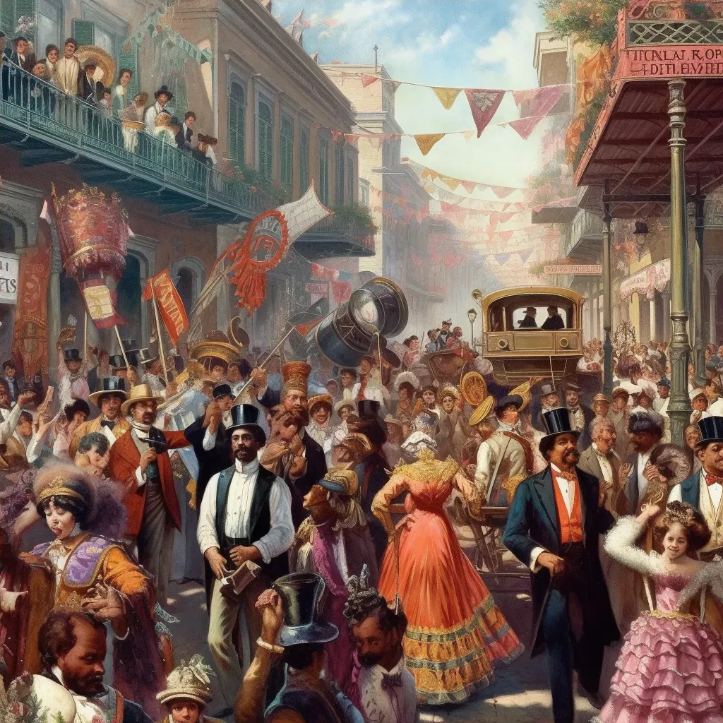 Image of a Mardi Gras parade with musicians, dancers, and colorful floats - Image 4