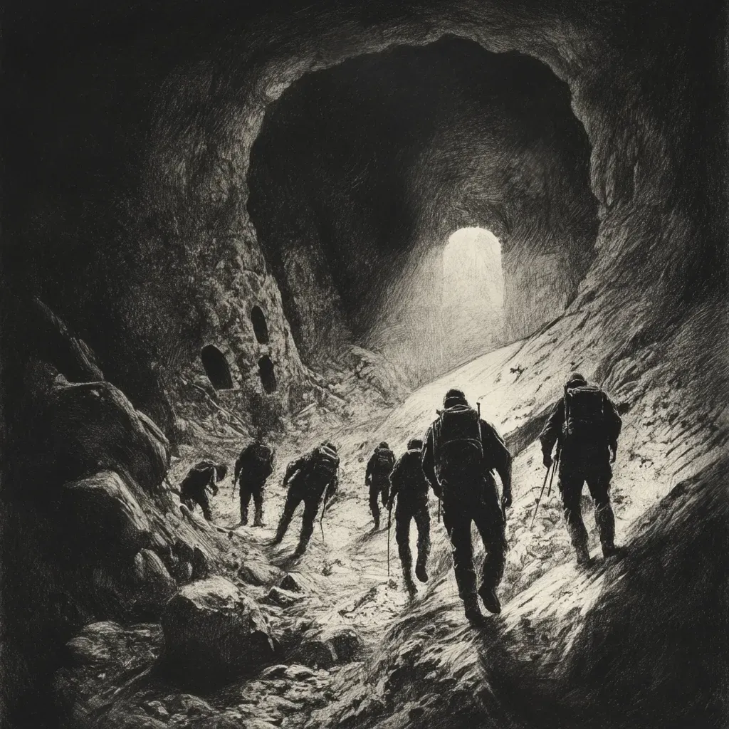 Charcoal and chalk artwork of spelunkers discovering a forgotten subterranean city  - Image 1