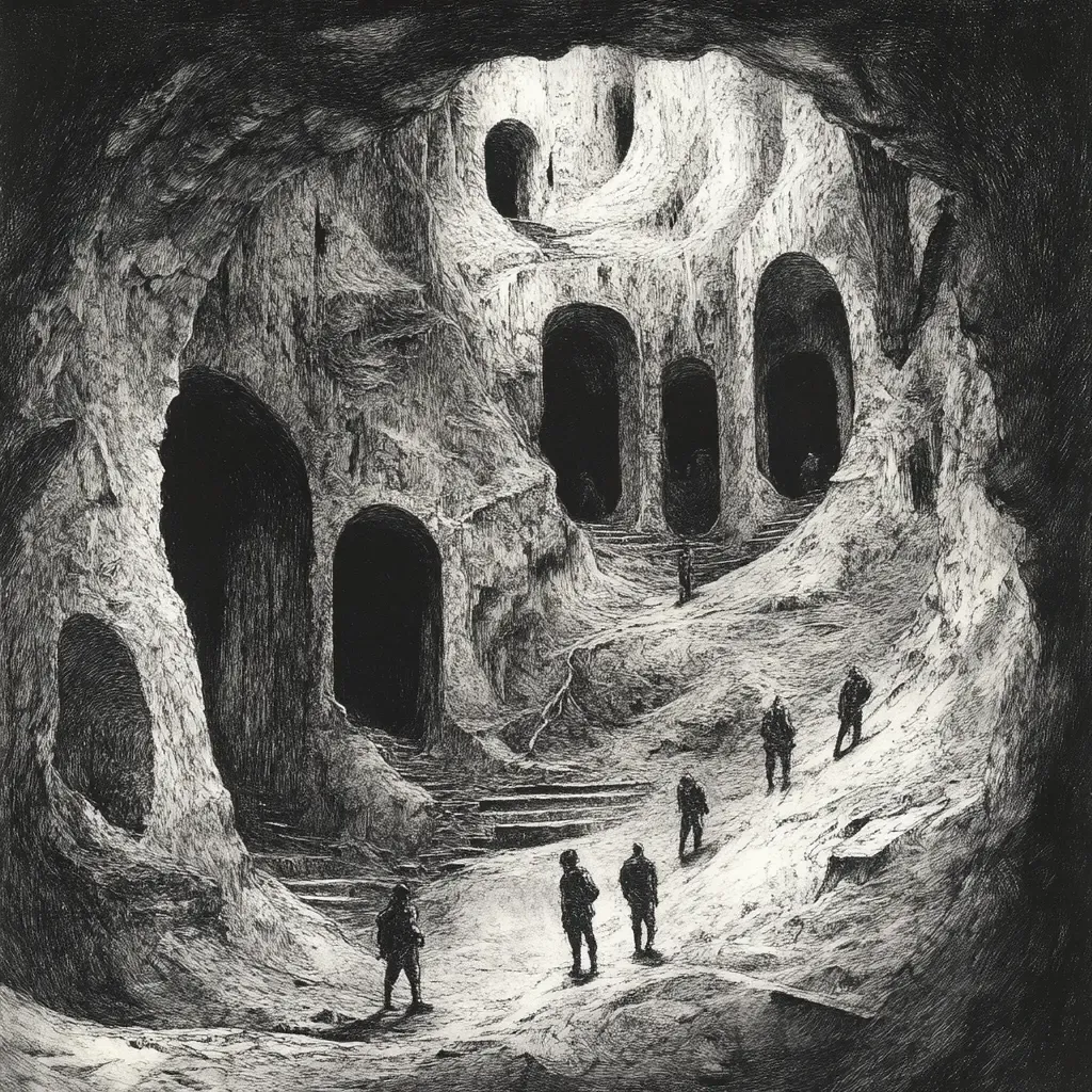 Charcoal and chalk artwork of spelunkers discovering a forgotten subterranean city  - Image 3