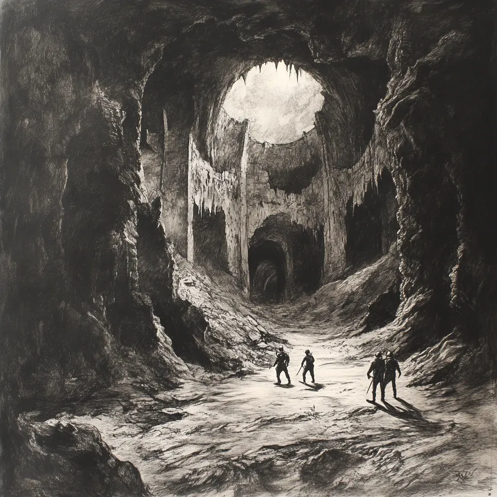 Charcoal and chalk artwork of spelunkers discovering a forgotten subterranean city  - Image 4