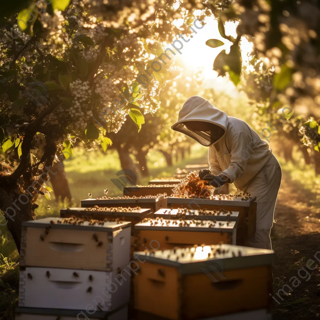 Beekeeper tending traditional hives in a vibrant orchard with dappled sunlight. - Image 1