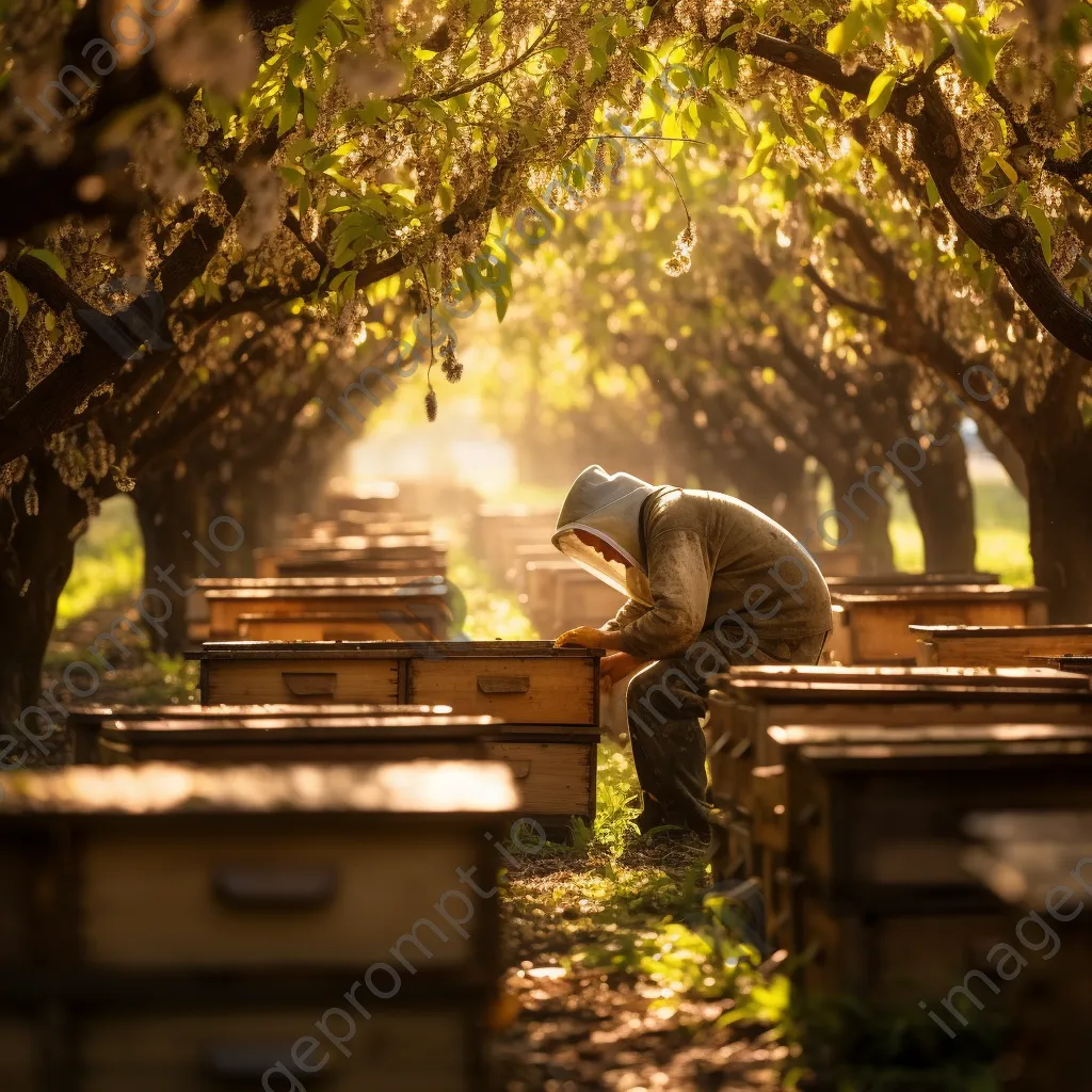 Beekeeper tending traditional hives in a vibrant orchard with dappled sunlight. - Image 2