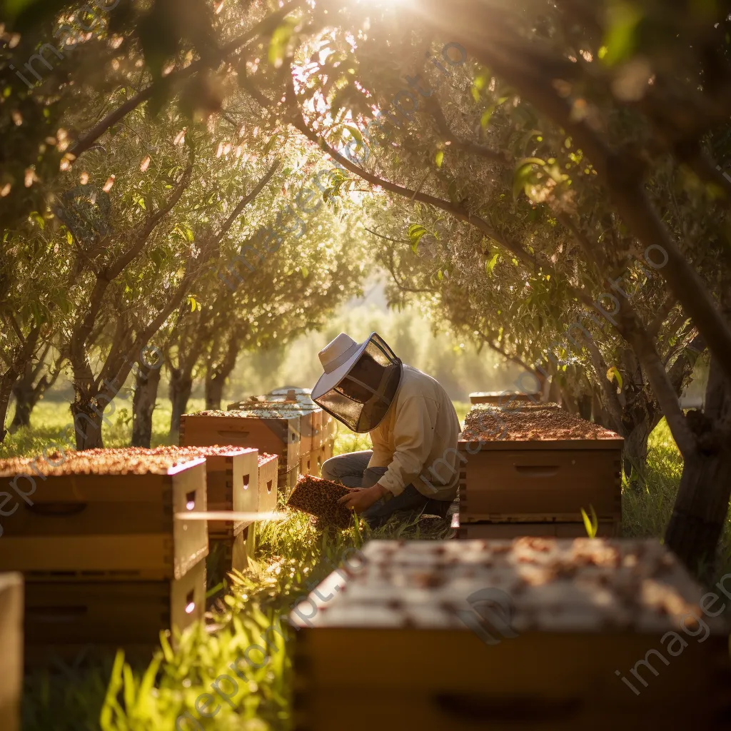 Beekeeper tending traditional hives in a vibrant orchard with dappled sunlight. - Image 3