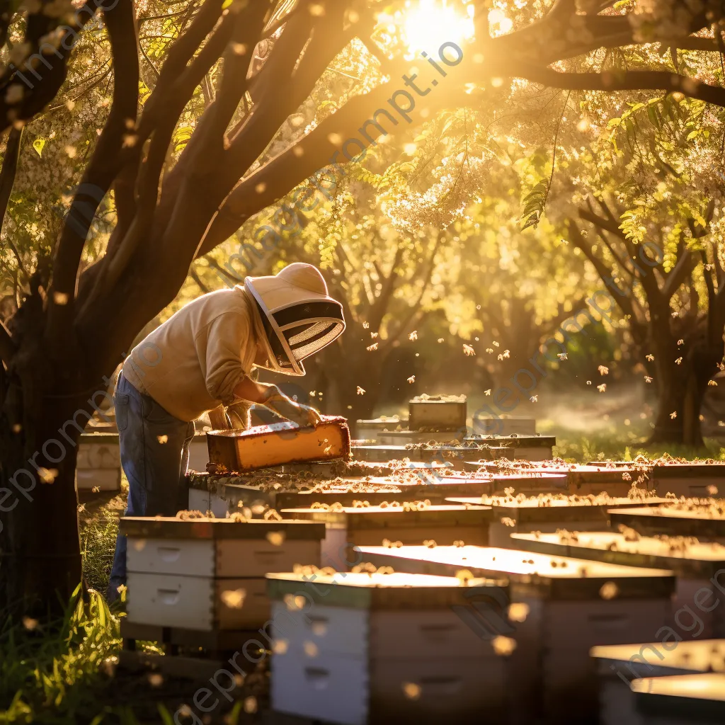 Beekeeper tending traditional hives in a vibrant orchard with dappled sunlight. - Image 4