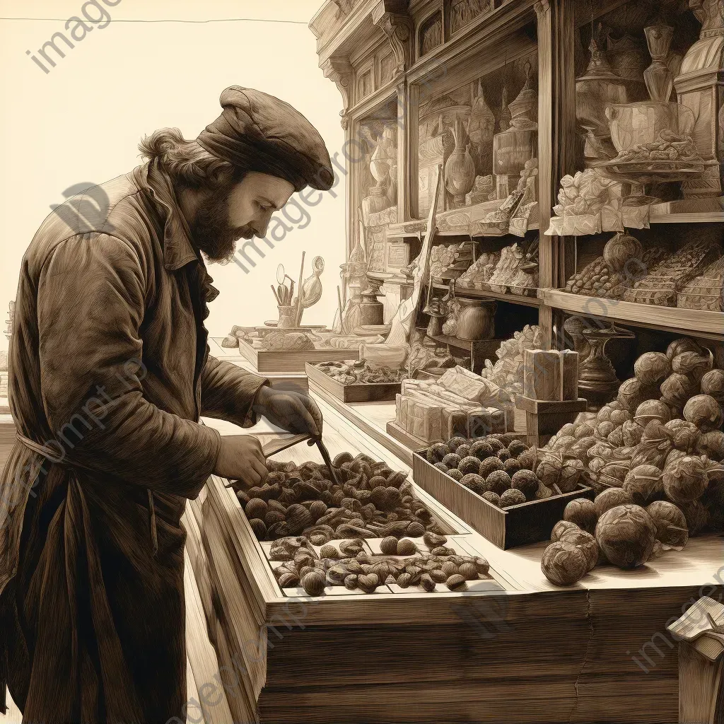 Detailed pencil sketch of a Belgian chocolatier