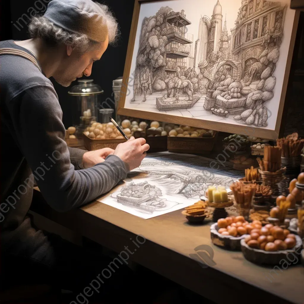 Detailed pencil sketch of a Belgian chocolatier