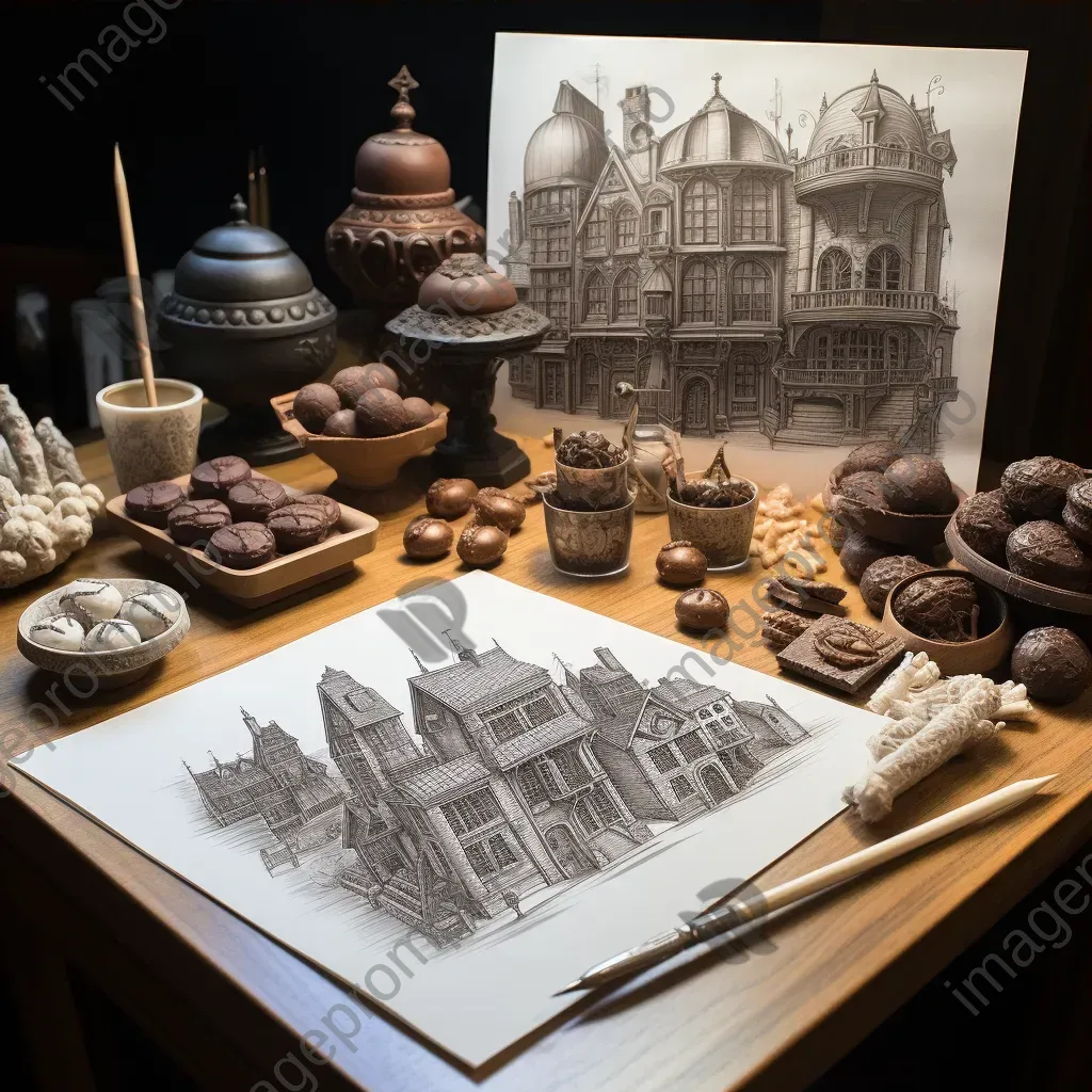 Detailed pencil sketch of a Belgian chocolatier