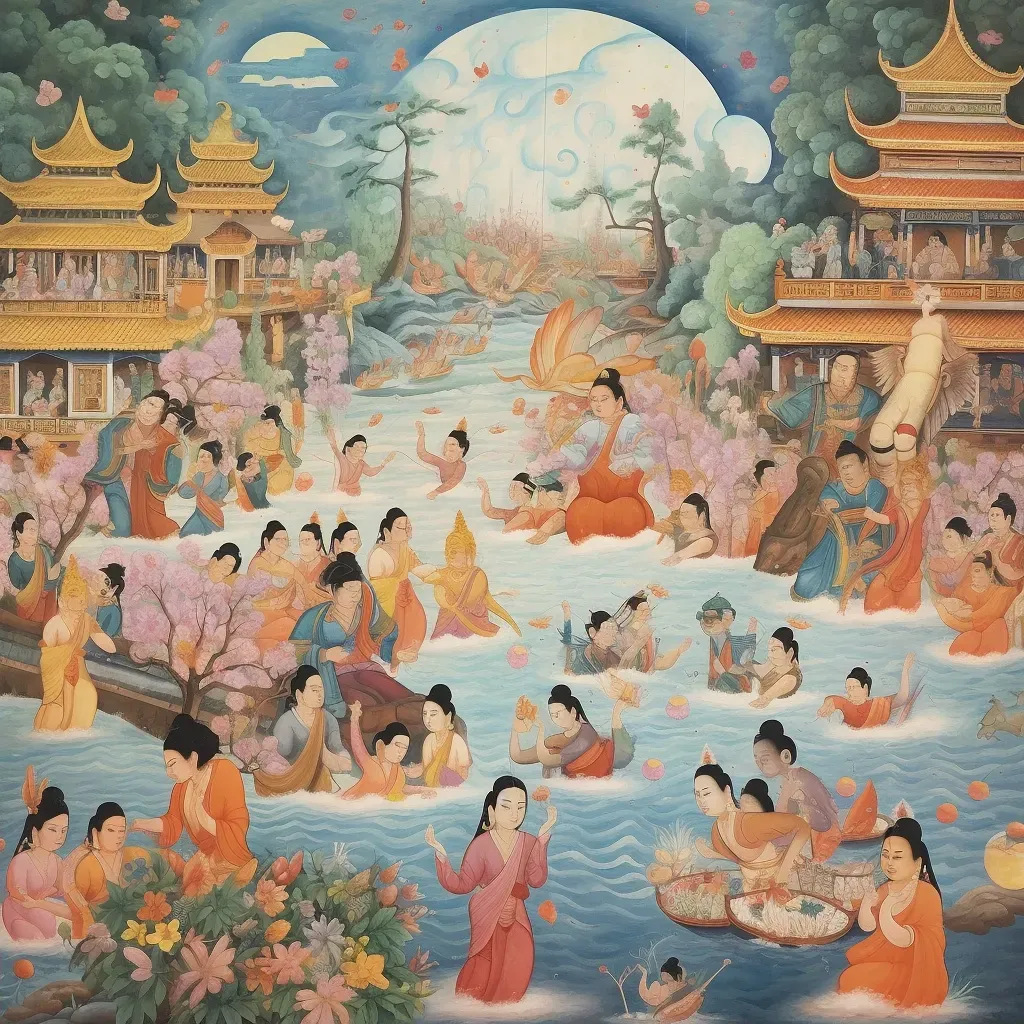 Image of a traditional water festival with people splashing water and Buddha statues - Image 2