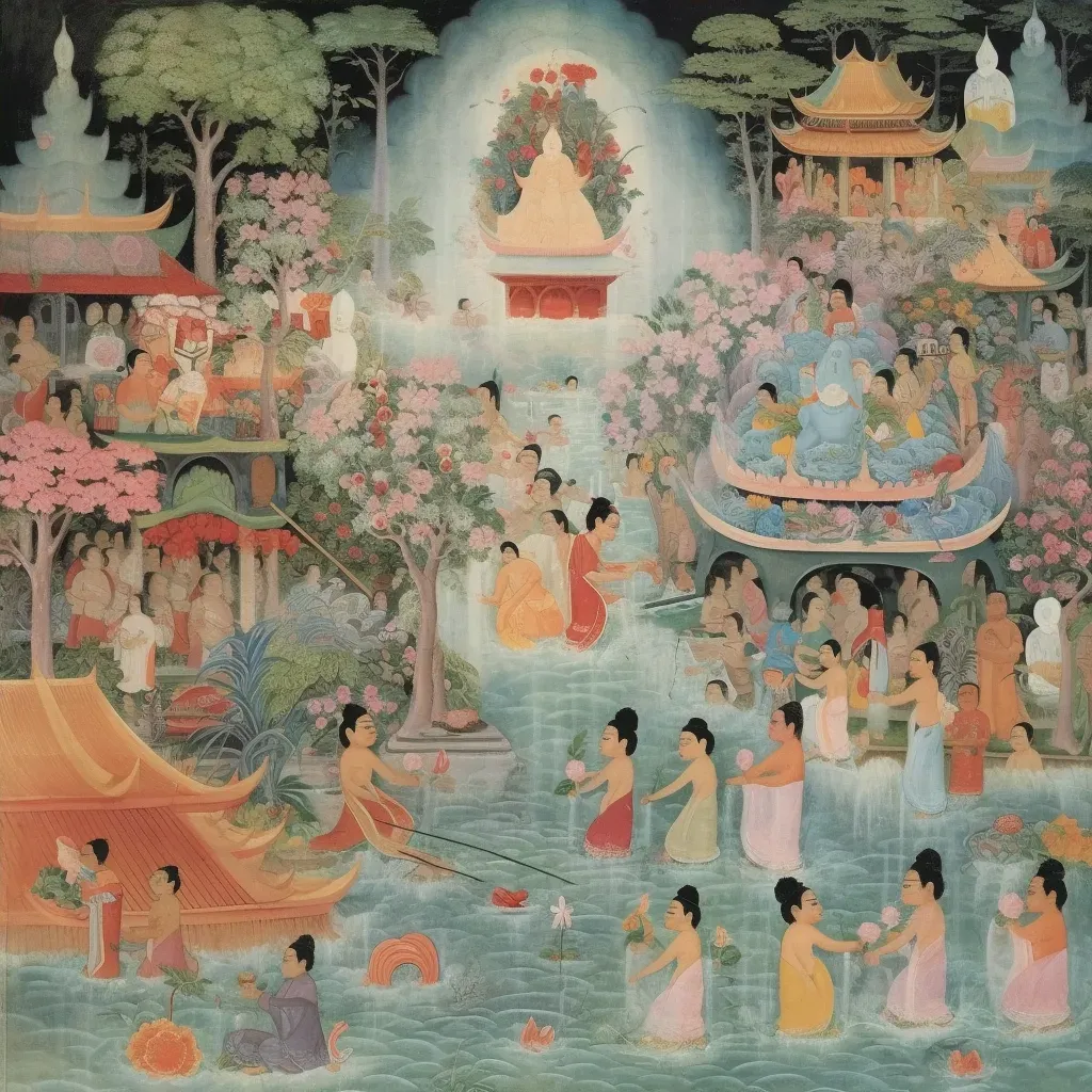 Image of a traditional water festival with people splashing water and Buddha statues - Image 4