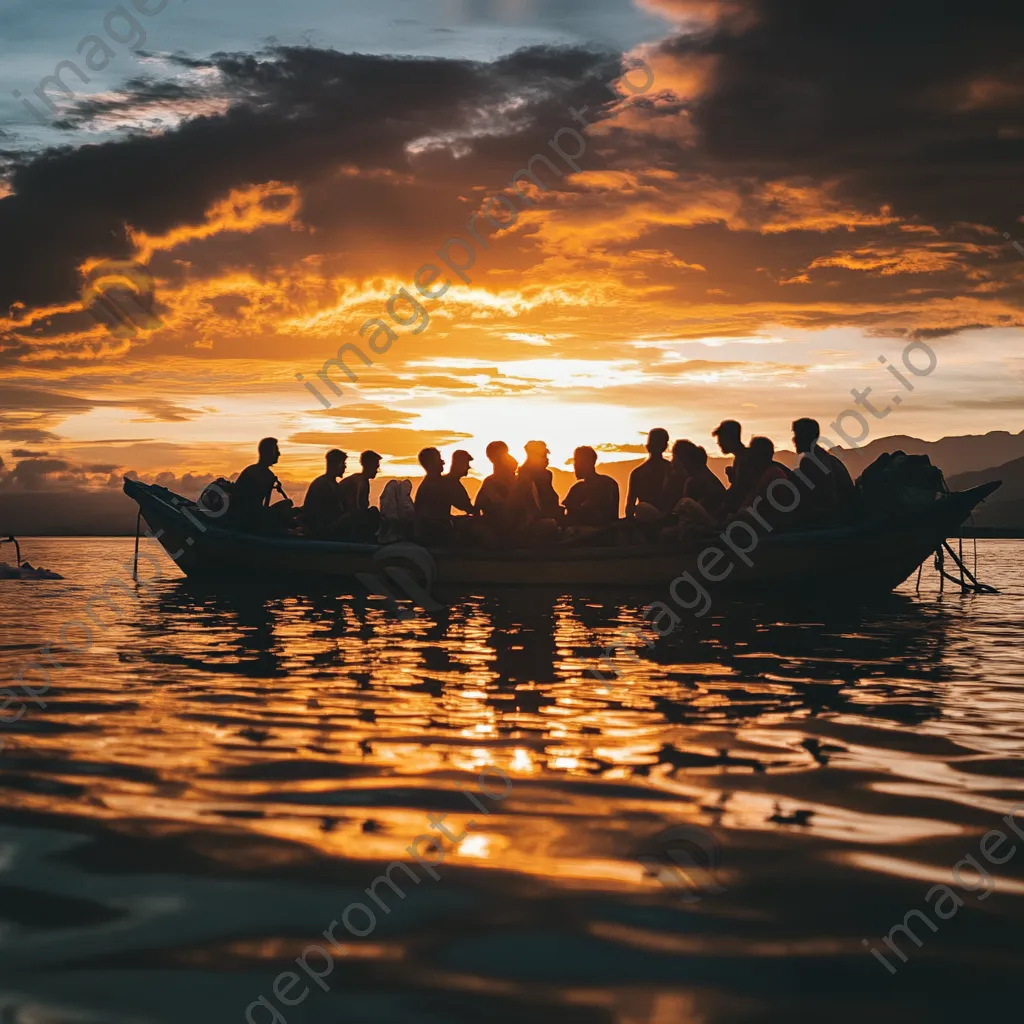 Pearl diving community gathering near boat at sunset - Image 1