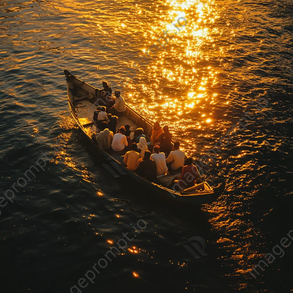 Pearl diving community gathering near boat at sunset - Image 2