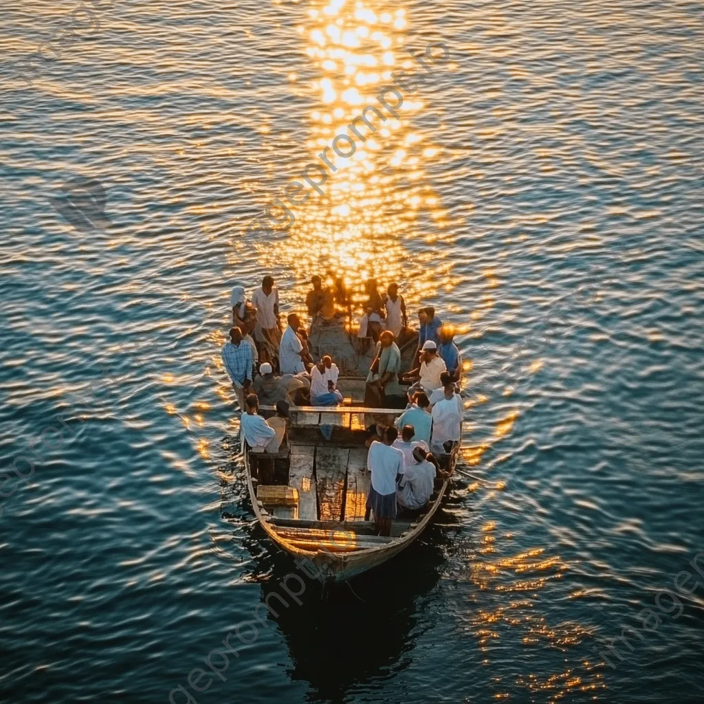 Pearl diving community gathering near boat at sunset - Image 3