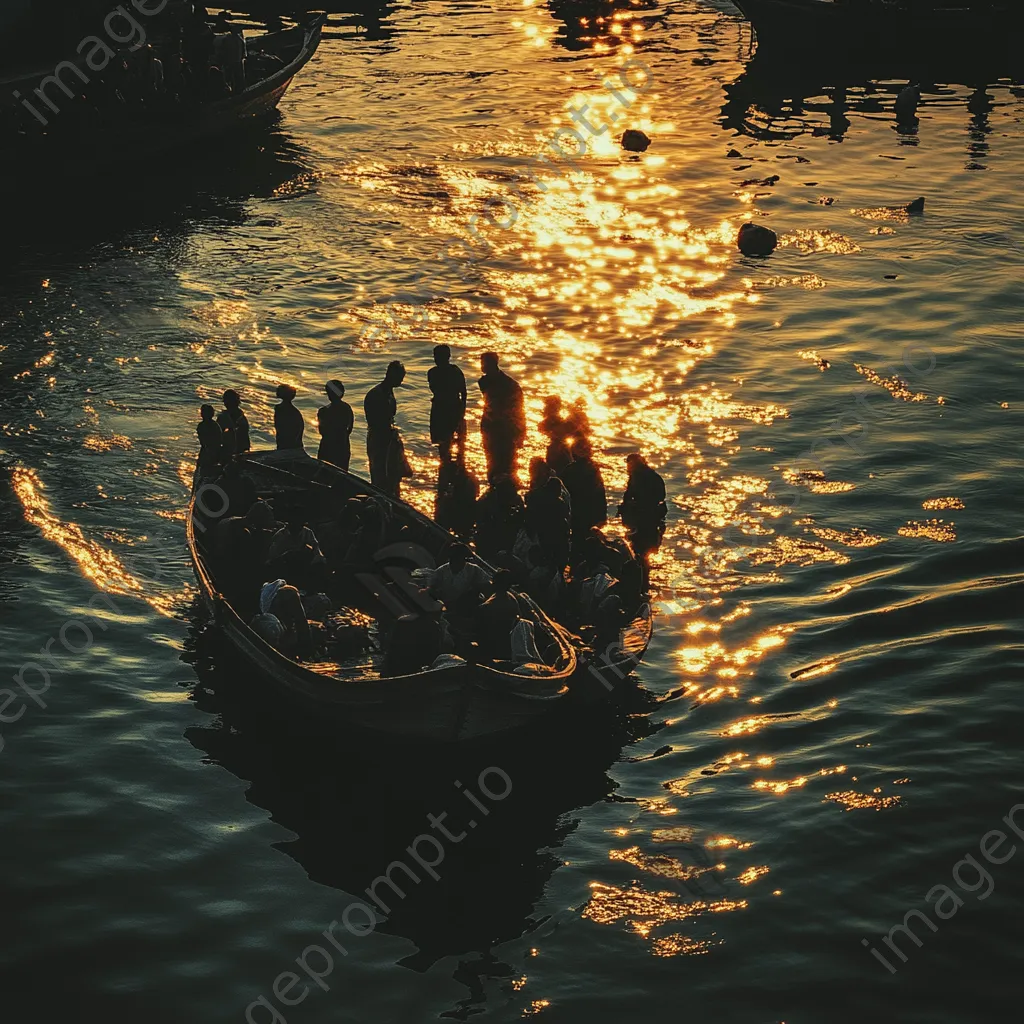 Pearl diving community gathering near boat at sunset - Image 4