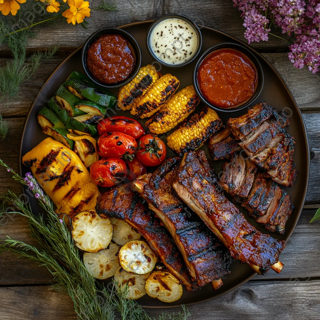 A vibrant BBQ plate of grilled ribs and assorted vegetables on a rustic table - Image 1