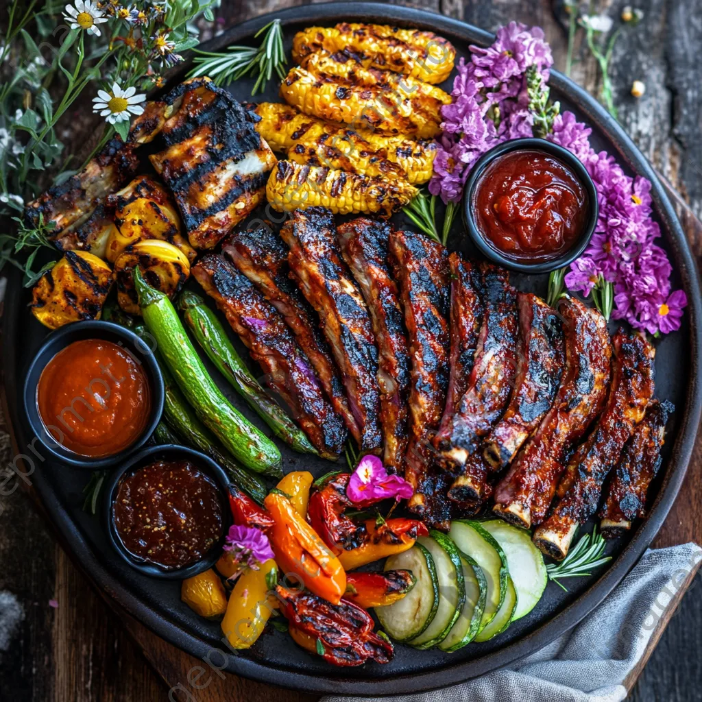 A vibrant BBQ plate of grilled ribs and assorted vegetables on a rustic table - Image 3