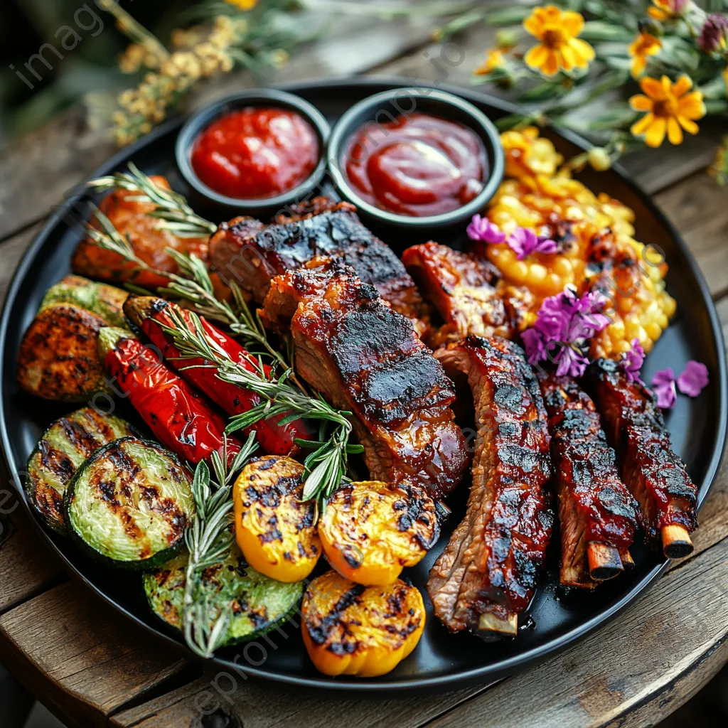 A vibrant BBQ plate of grilled ribs and assorted vegetables on a rustic table - Image 4