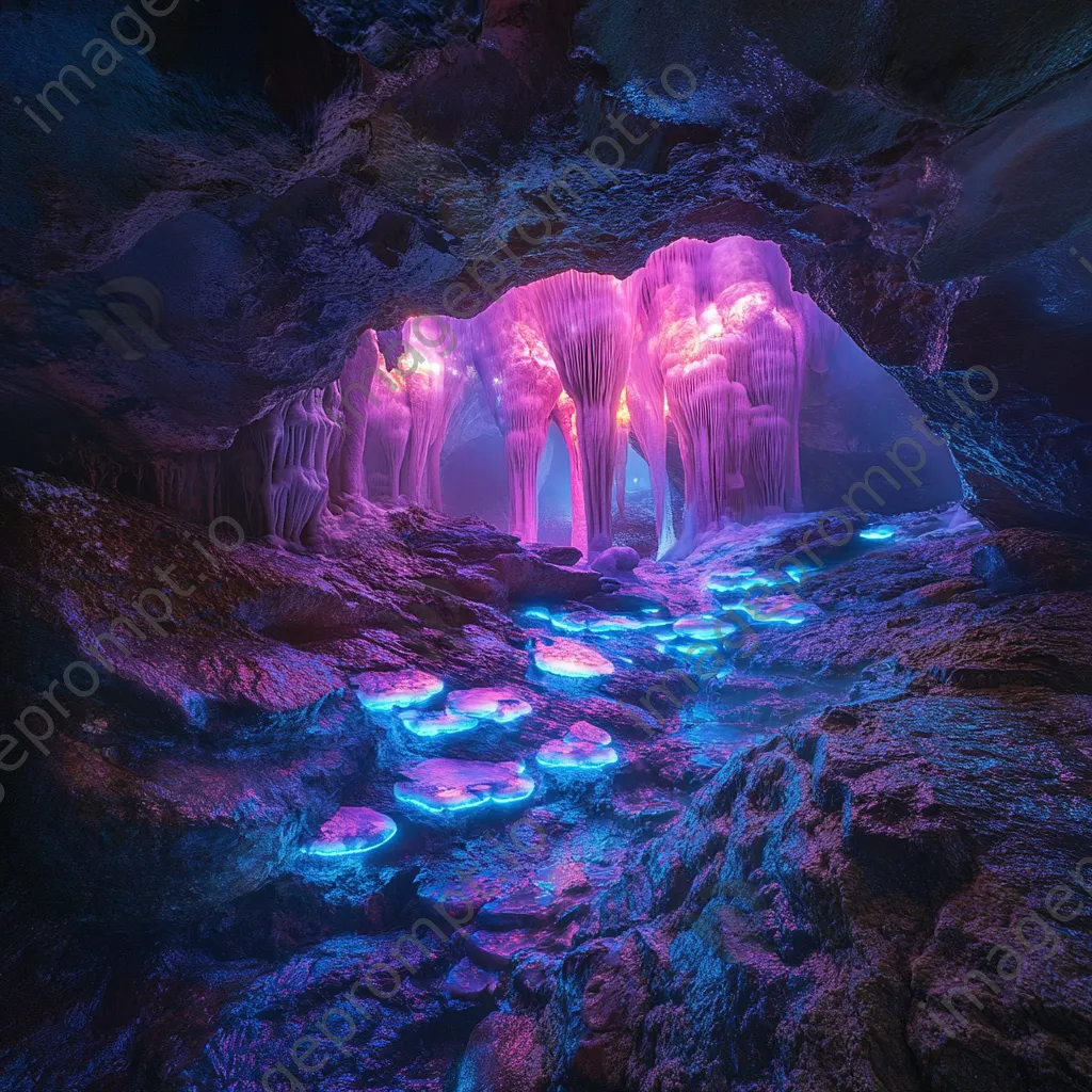 Cave with glowing fungi and mist - Image 1