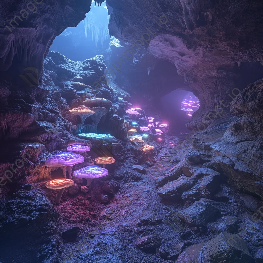 Cave with glowing fungi and mist - Image 3