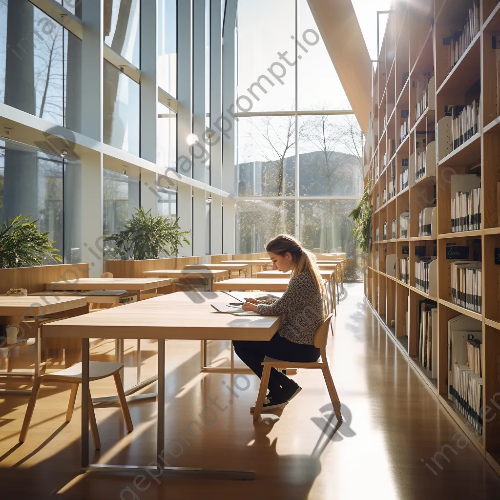 A student studying at a table in a modern library filled with books. - Image 1