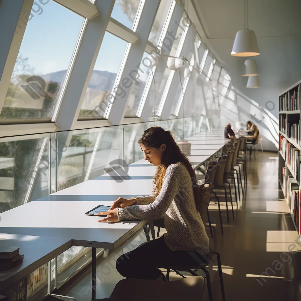 A student studying at a table in a modern library filled with books. - Image 2