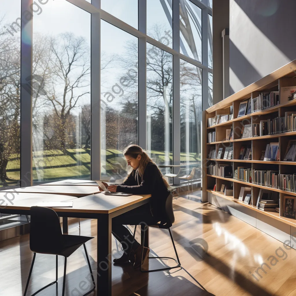 A student studying at a table in a modern library filled with books. - Image 4