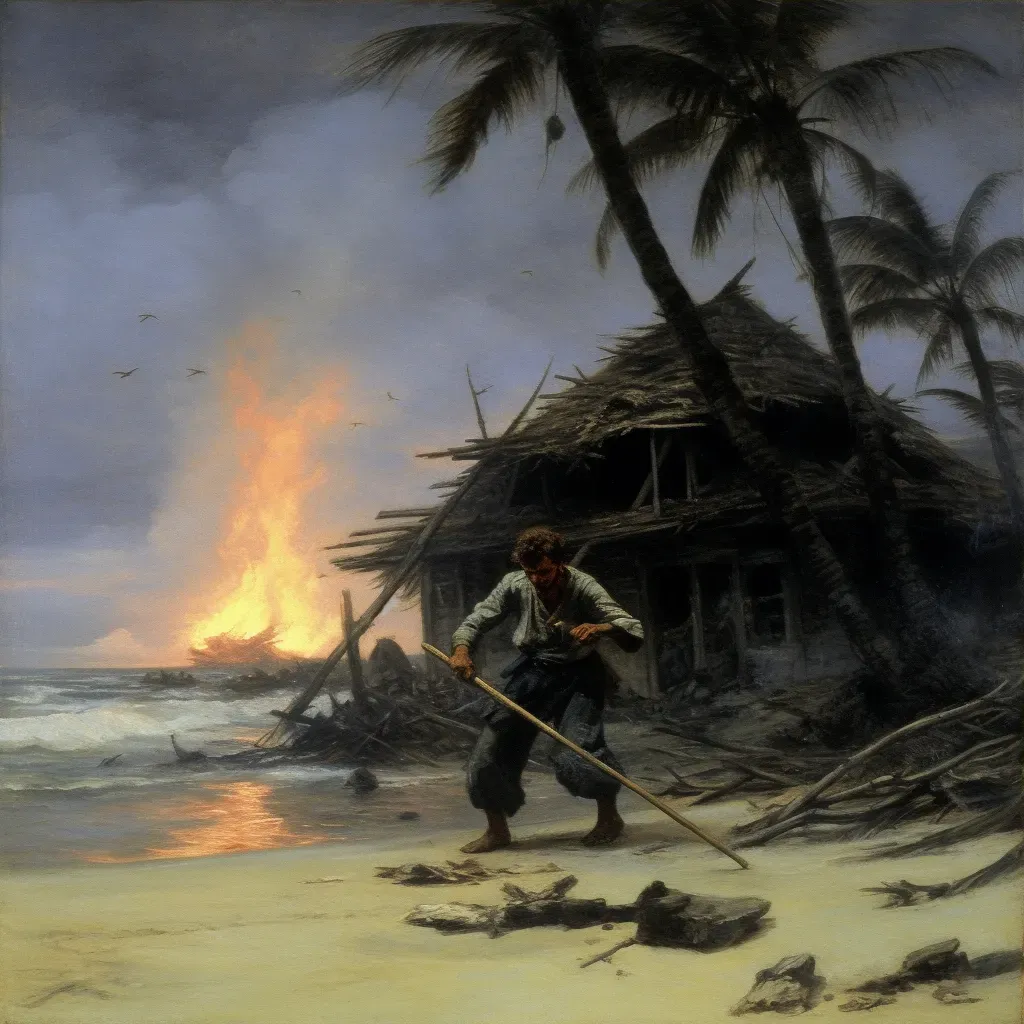 Sailor marooned on deserted island building signal fire - Image 3