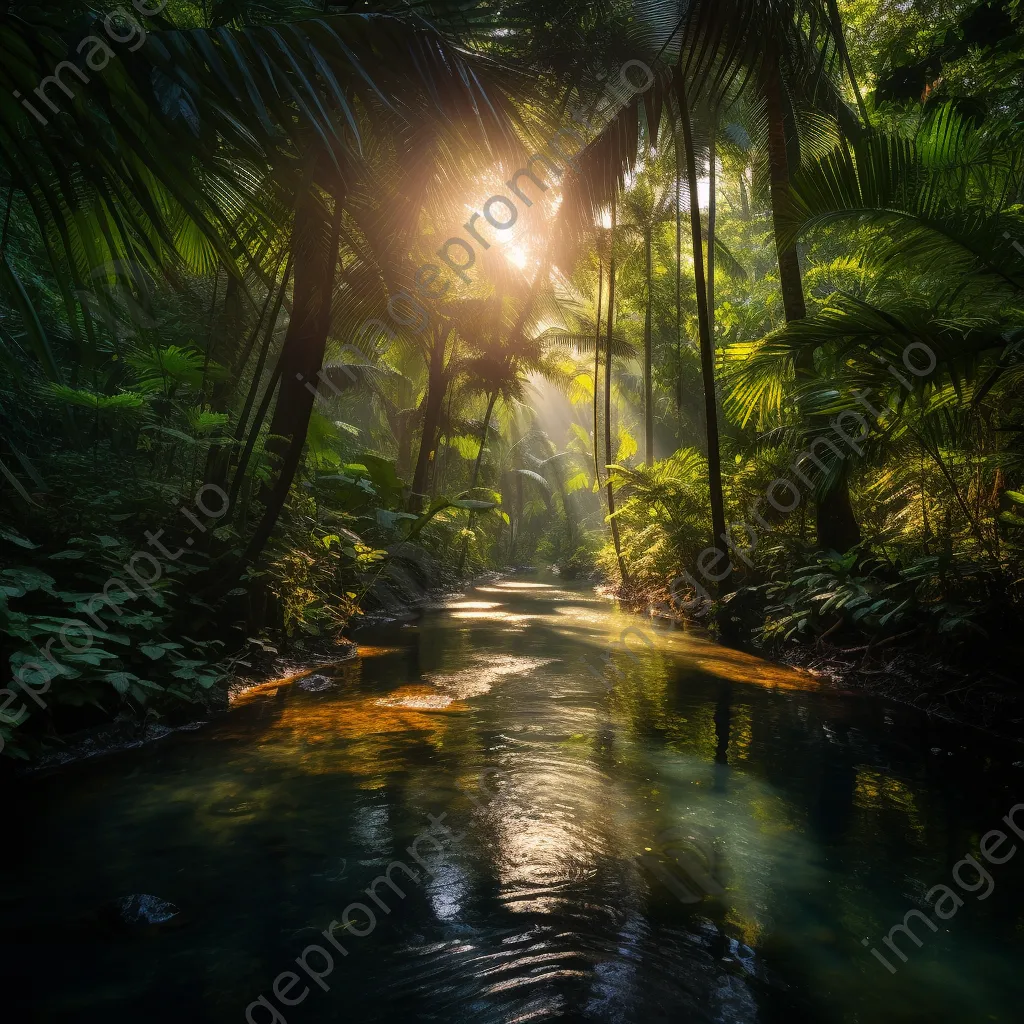 Sunlit jungle oasis with towering palms and reflective stream - Image 2