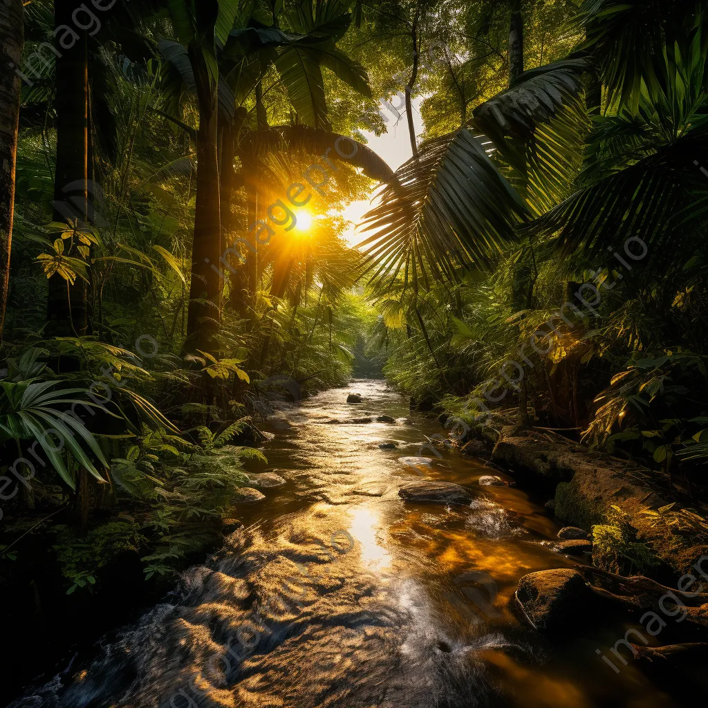 Sunlit jungle oasis with towering palms and reflective stream - Image 3